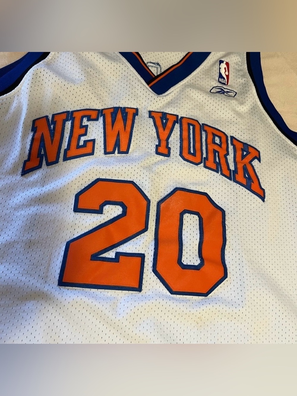 Team Apparel New York Knicks White Orange & Blue Basketball Jersey #20 - Picture 5 of 9